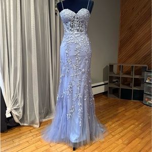 Dusty Blue Size 2 Spaghetti Strap Lace Appliqué Mermaid Prom Tulle Formal Dress